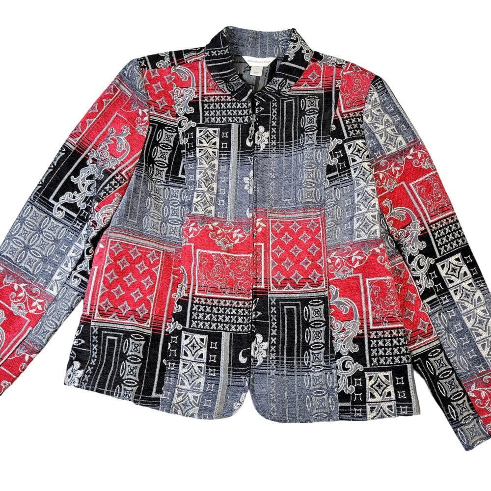 Christopher Banks Tapestry Full Zip Jacket Women Lrg Red Gray Black Abstract Art